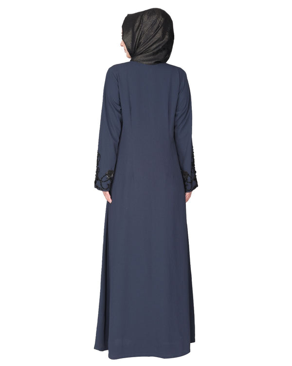 Rich hand embroidered front open dark grey abaya with itricate motif of glittering black beads