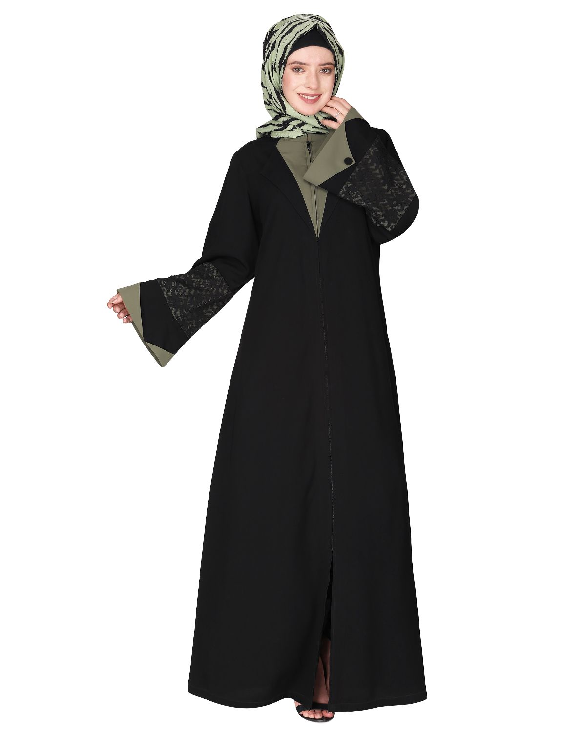 Contemporary jacket type front open black and green abaya with stylish laced sleeves