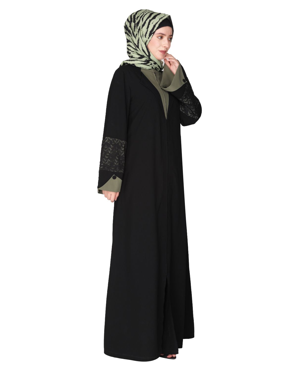 Contemporary jacket type front open black and green abaya with stylish laced sleeves