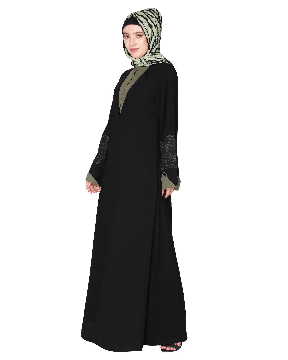 Contemporary jacket type front open black and green abaya with stylish laced sleeves