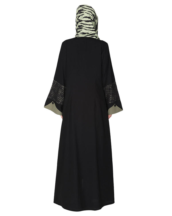 Contemporary jacket type front open black and green abaya with stylish laced sleeves