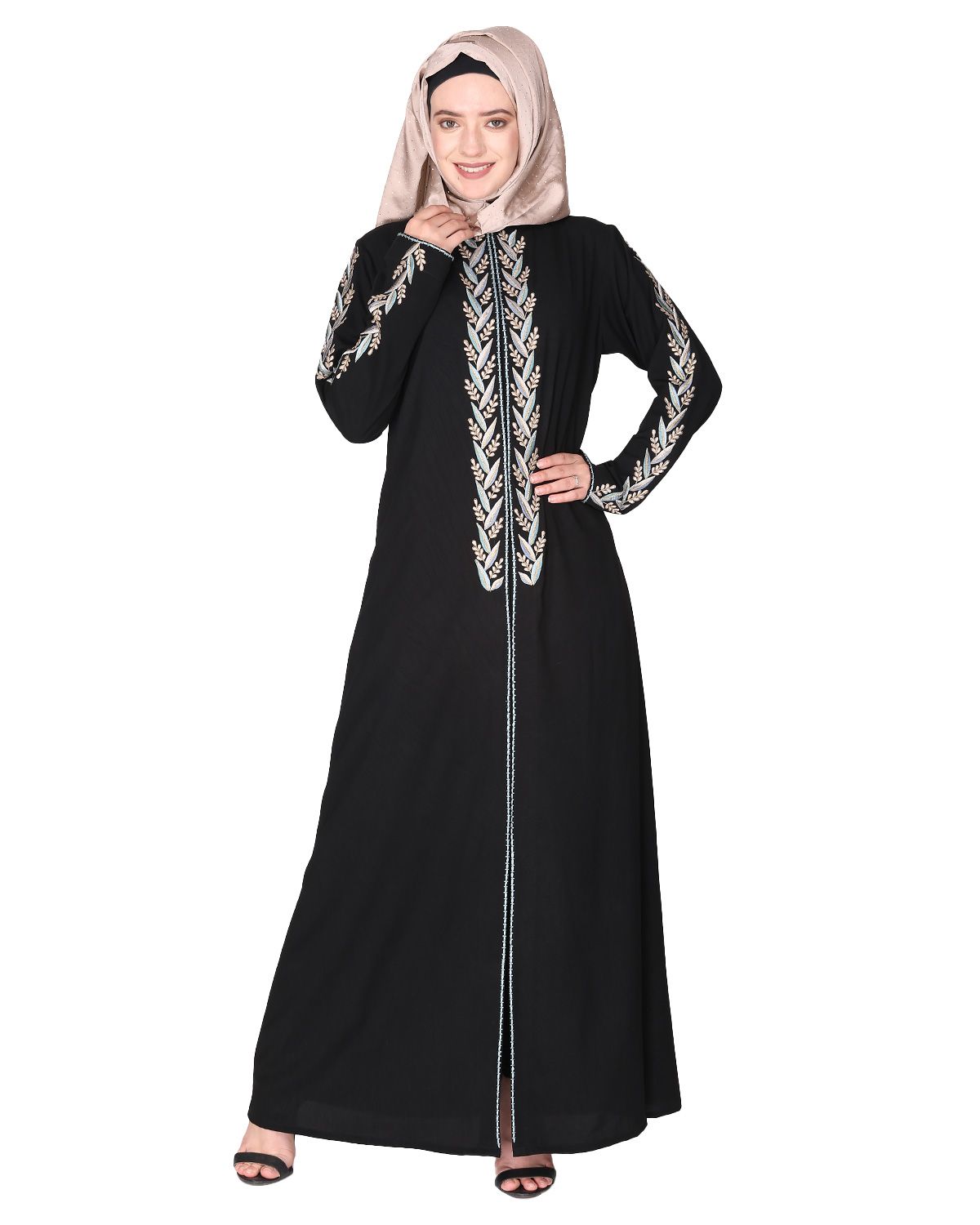 Exclusive black abaya with turquoise and Gold Leaf Embroidery
