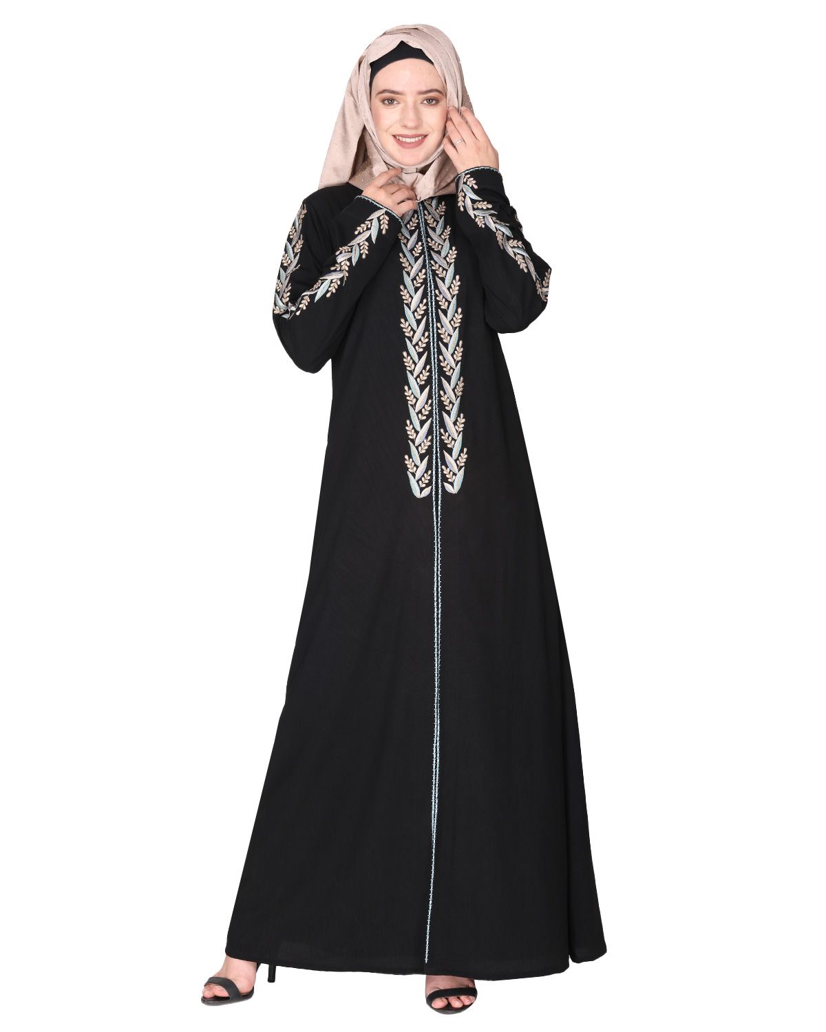 Exclusive black abaya with turquoise and Gold Leaf Embroidery