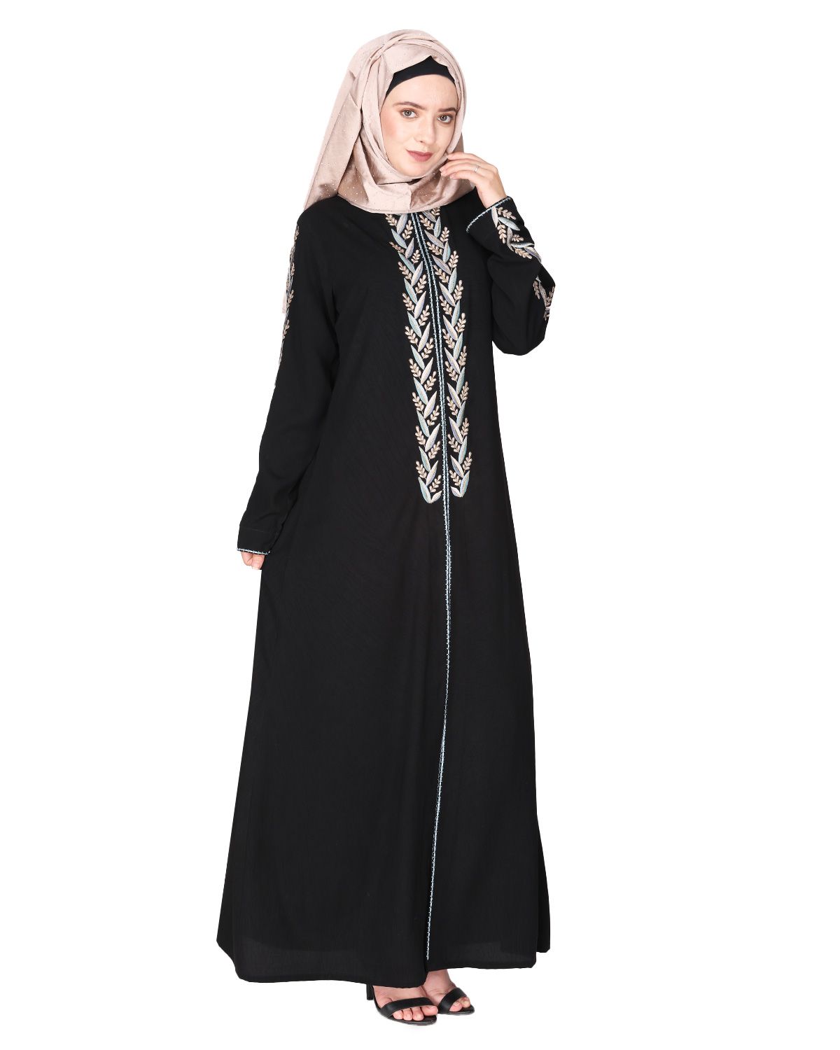 Exclusive black abaya with turquoise and Gold Leaf Embroidery