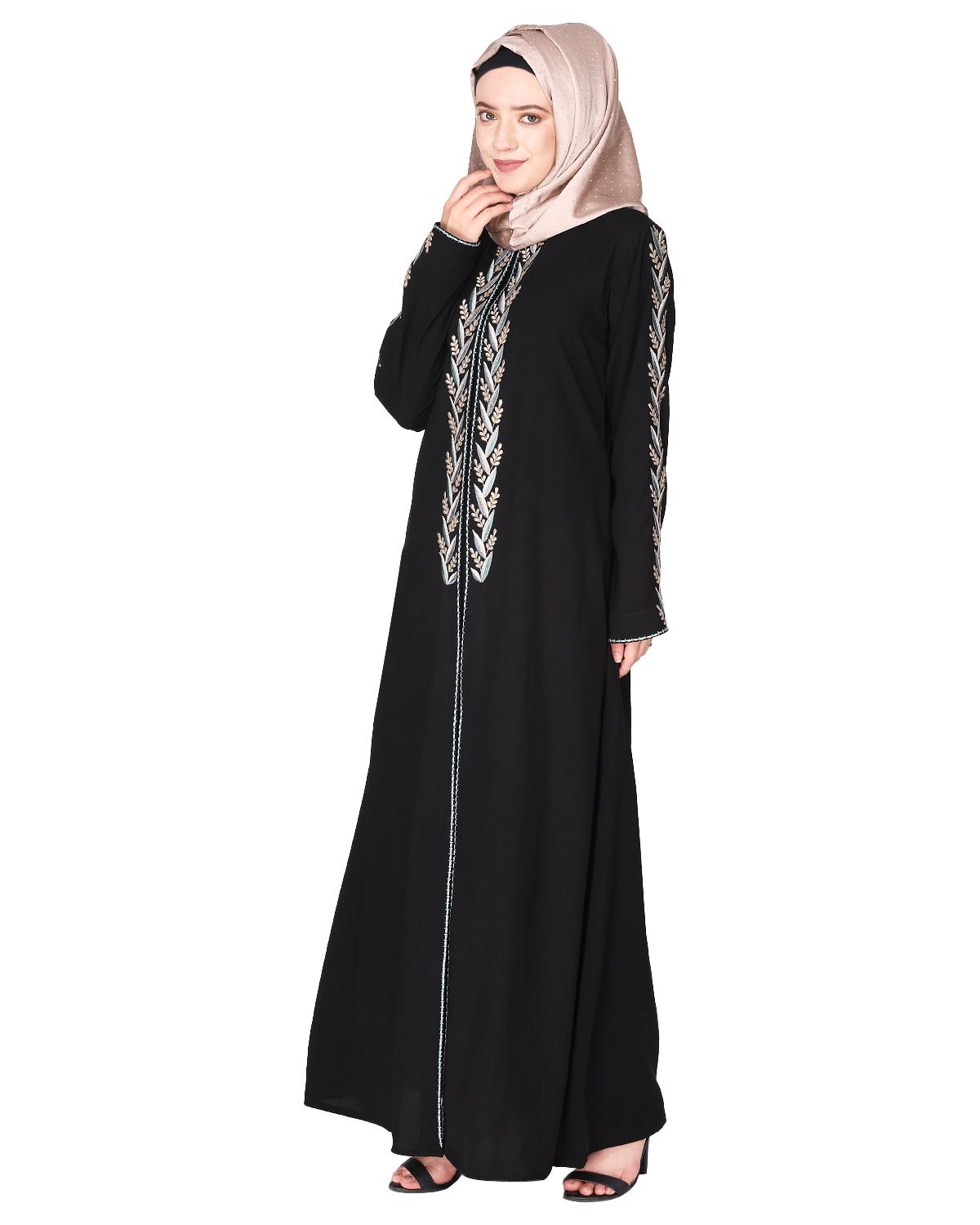 Exclusive black abaya with turquoise and Gold Leaf Embroidery