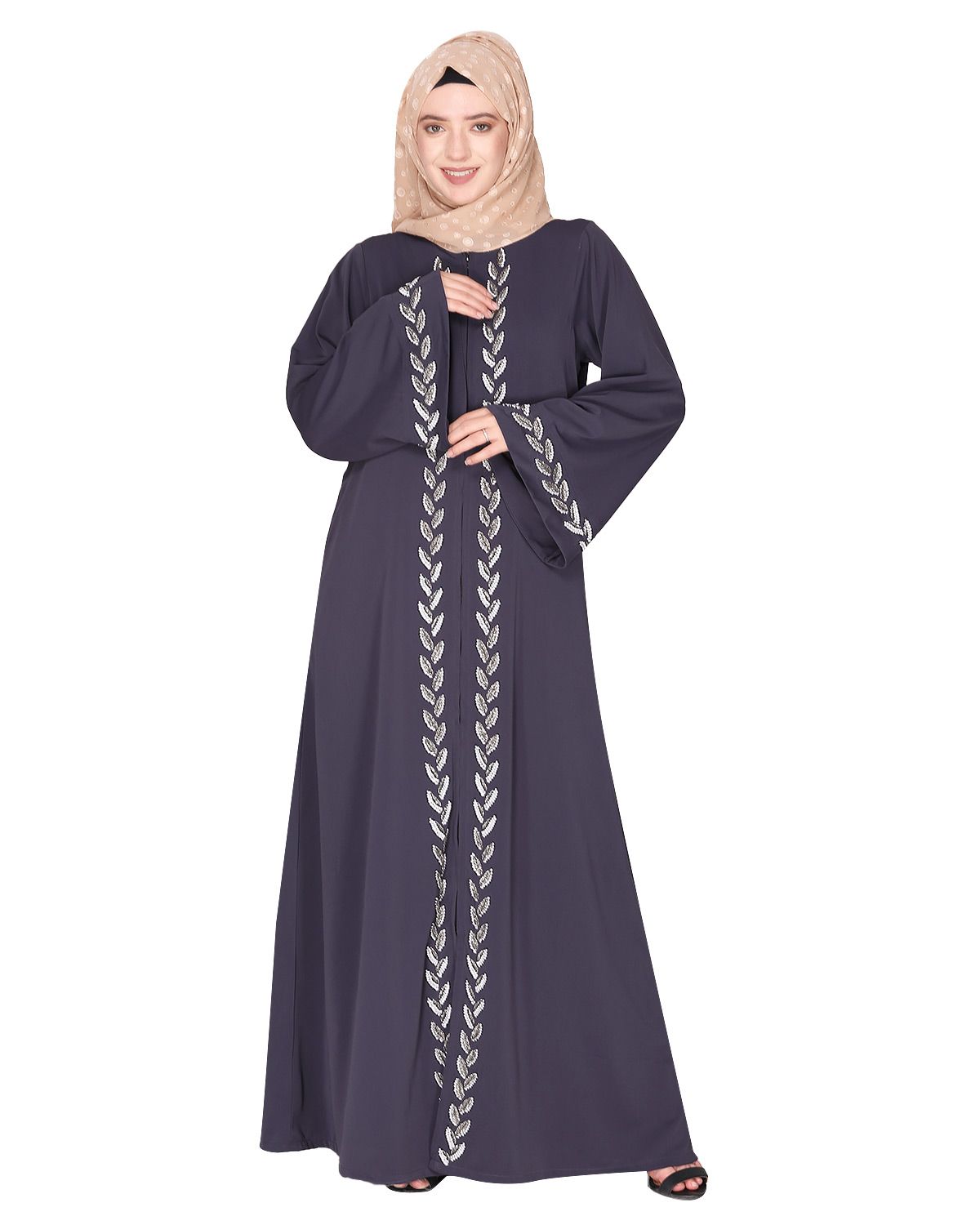 Extraordinary Pearl Drop leaves dark grey abaya