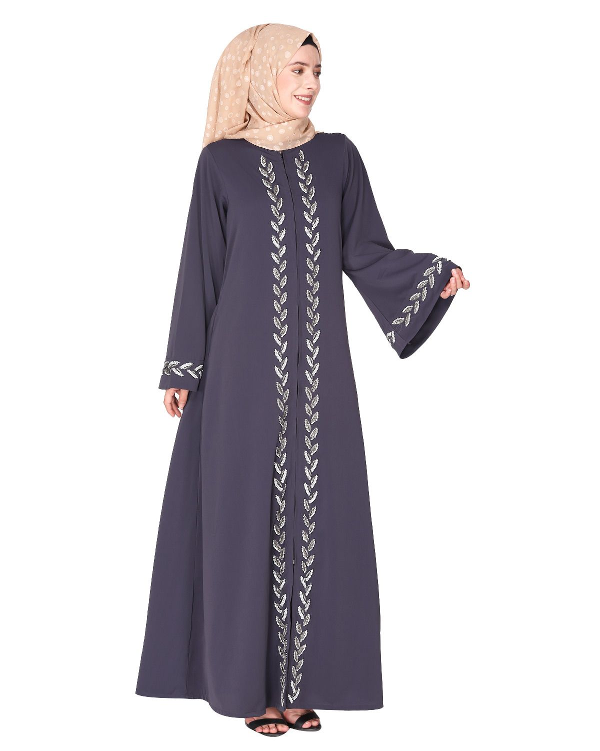 Extraordinary Pearl Drop leaves dark grey abaya
