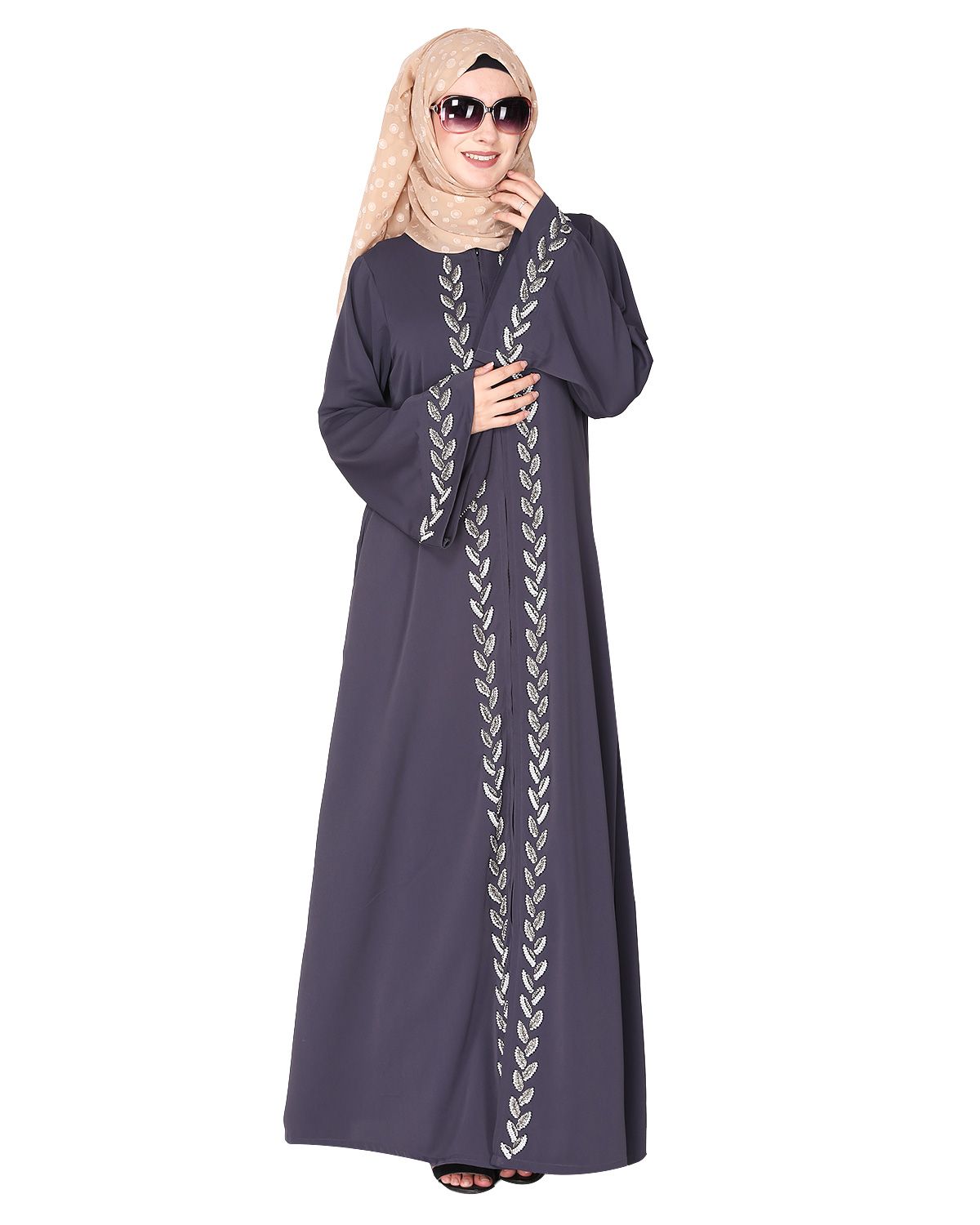 Extraordinary Pearl Drop leaves dark grey abaya
