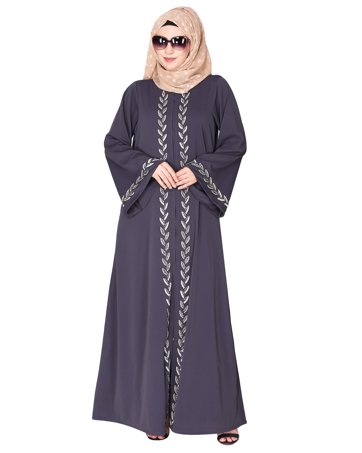 Extraordinary Pearl Drop leaves dark grey abaya